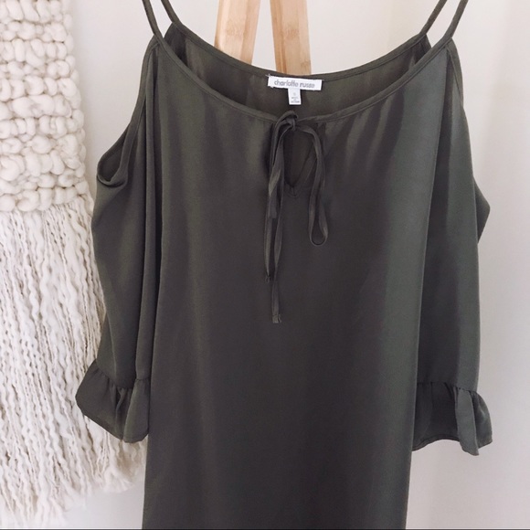 Off Shoulder Silky Ruffle Sleeve Dress in Olive - Picture 2 of 3